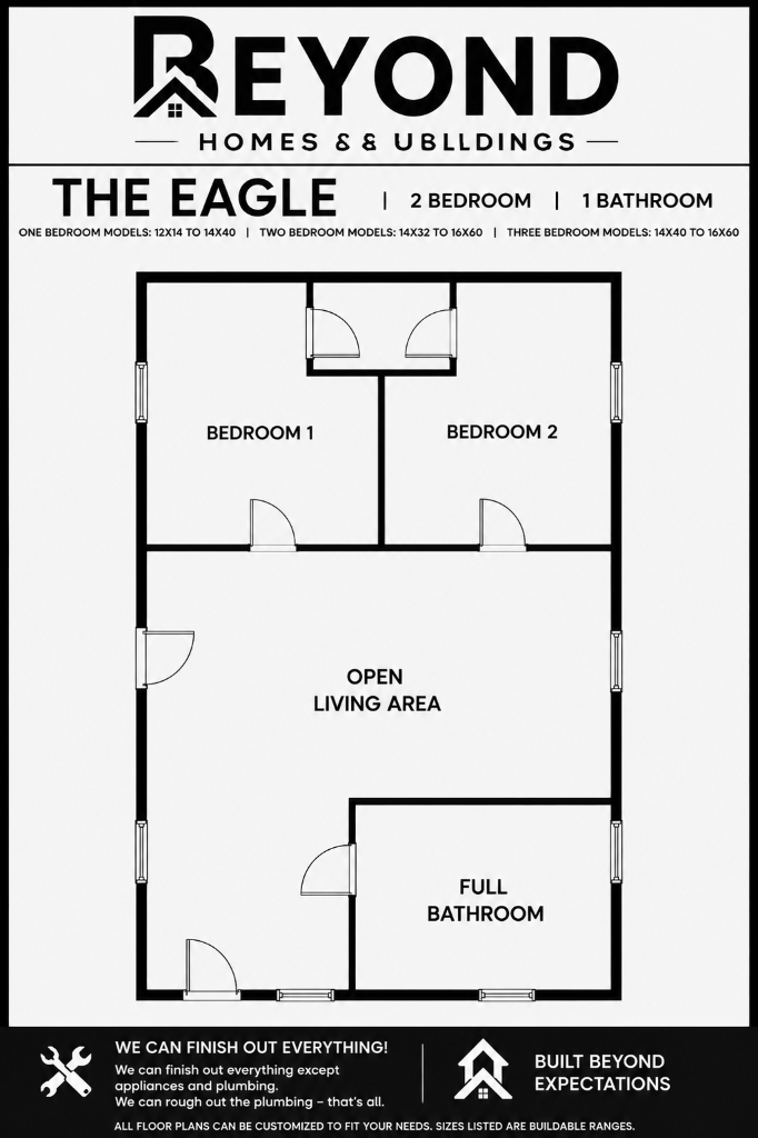 The Eagle floor plan — 2 bedroom, 1 bathroom with open living area and closet space