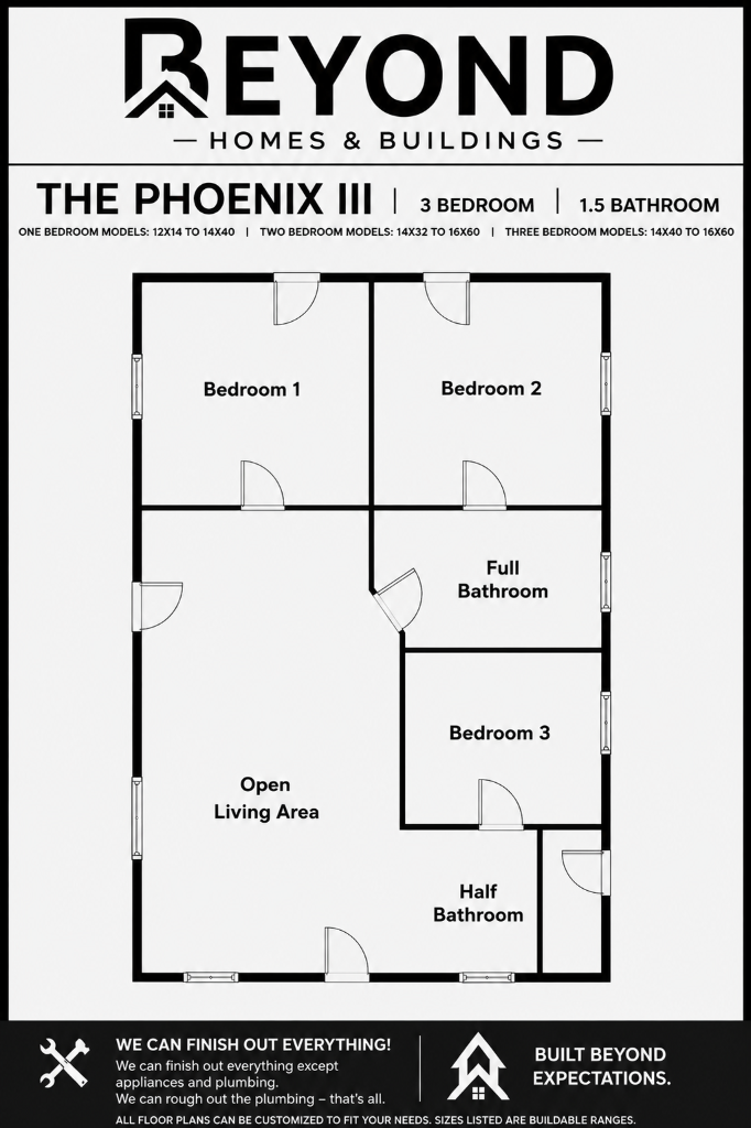The Phoenix III floor plan — 3 bedroom, 1.5 bathroom with open living area
