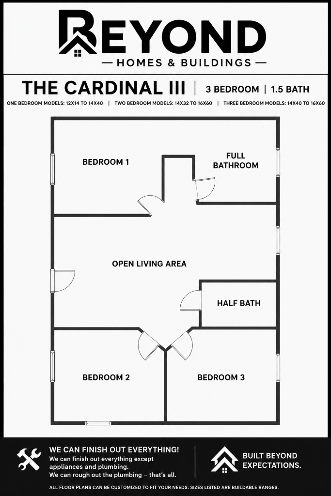 The Cardinal III floor plan — 3 bedroom, 1 full bathroom, 1 half bathroom tiny home layout
