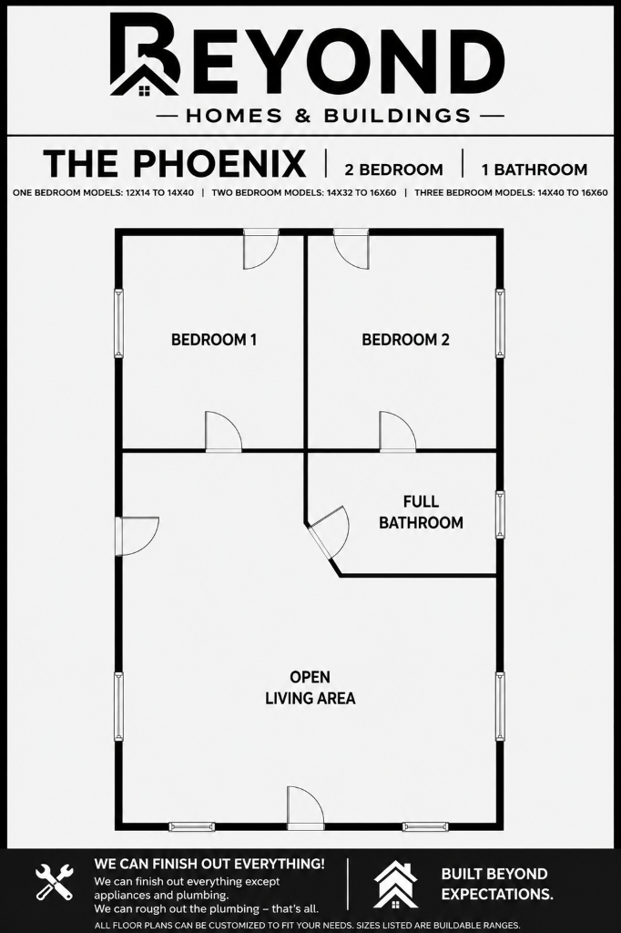 The Phoenix floor plan — 2 bedroom, 1 bathroom with open living area