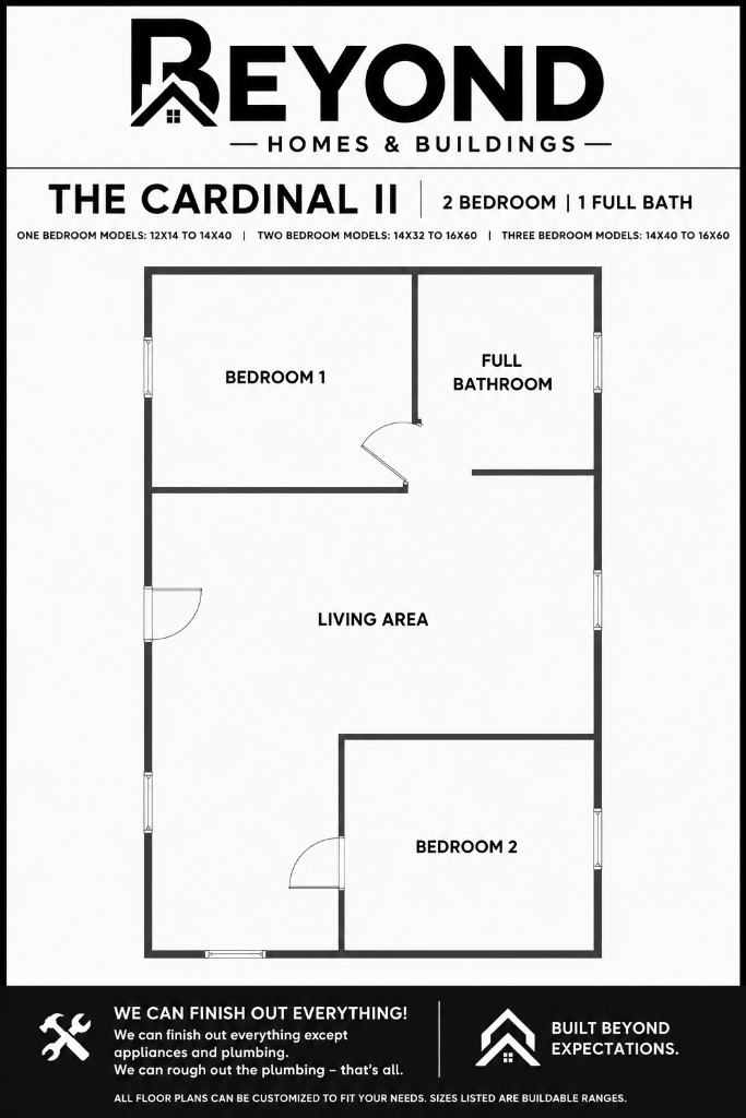 The Cardinal II floor plan — 2 bedroom, 1 full bathroom tiny home layout