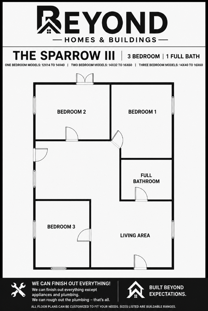 The Sparrow III floor plan — 3 bedroom, 1 full bathroom with living area