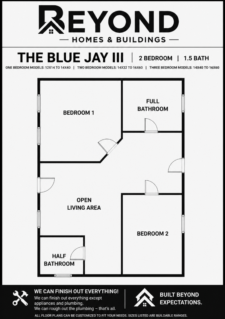 The Blue Jay III floor plan — 2 bedroom, 1.5 bathroom with open living area