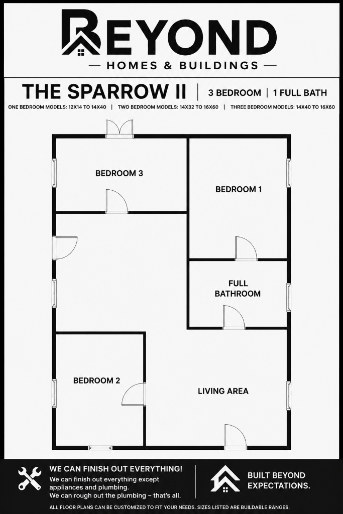 The Sparrow II floor plan — 3 bedroom, 1 full bathroom with living area