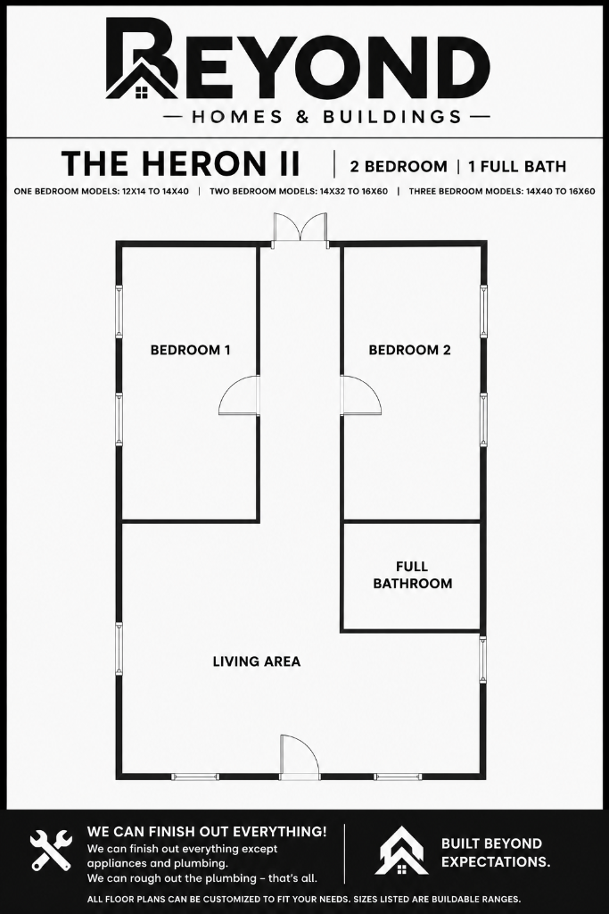 The Heron II floor plan — 2 bedroom, 1 full bathroom tiny home layout