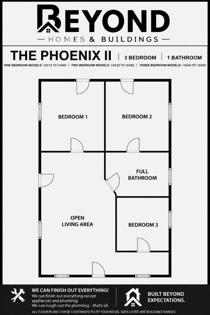 The Phoenix II floor plan — 3 bedroom, 1 bathroom with open living area