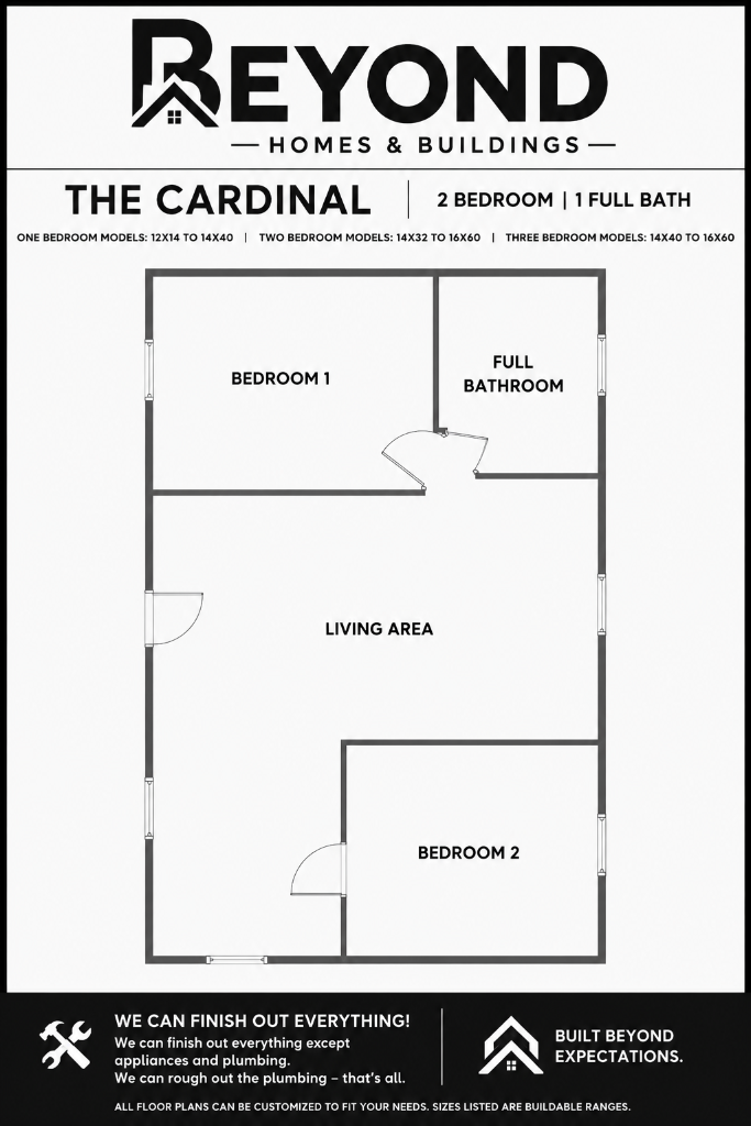 The Cardinal floor plan — 2 bedroom, 1 full bathroom tiny home layout