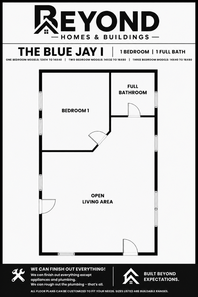 The Blue Jay I floor plan — 1 bedroom, 1 full bathroom with open living area