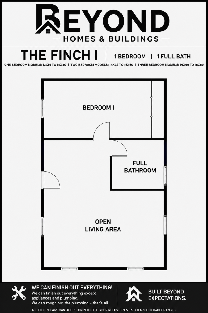 The Finch I floor plan — 1 bedroom, 1 full bathroom with open living area