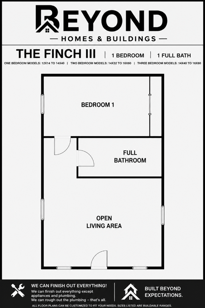 The Finch III floor plan — 1 bedroom, 1 full bathroom with open living area