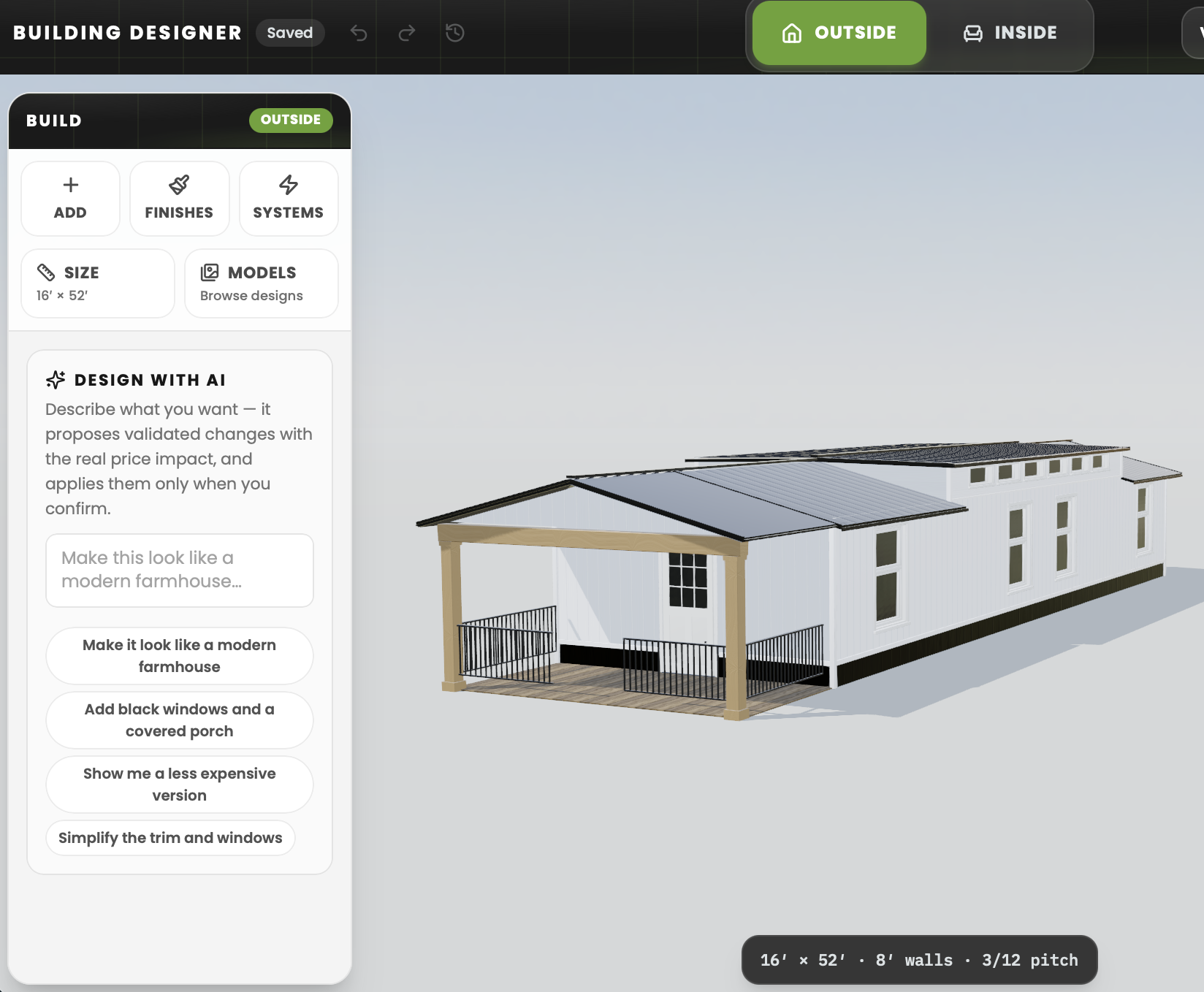 The Beyond Design Studio 3D building designer with a white board-and-batten exterior and covered porch