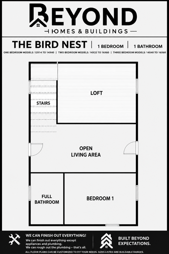 The Bird Nest floor plan — 1 bedroom, 1 bathroom with loft and open living area