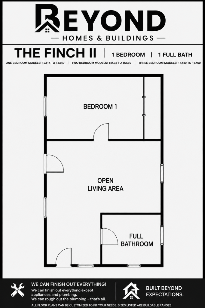 The Finch II floor plan — 1 bedroom, 1 full bathroom with open living area