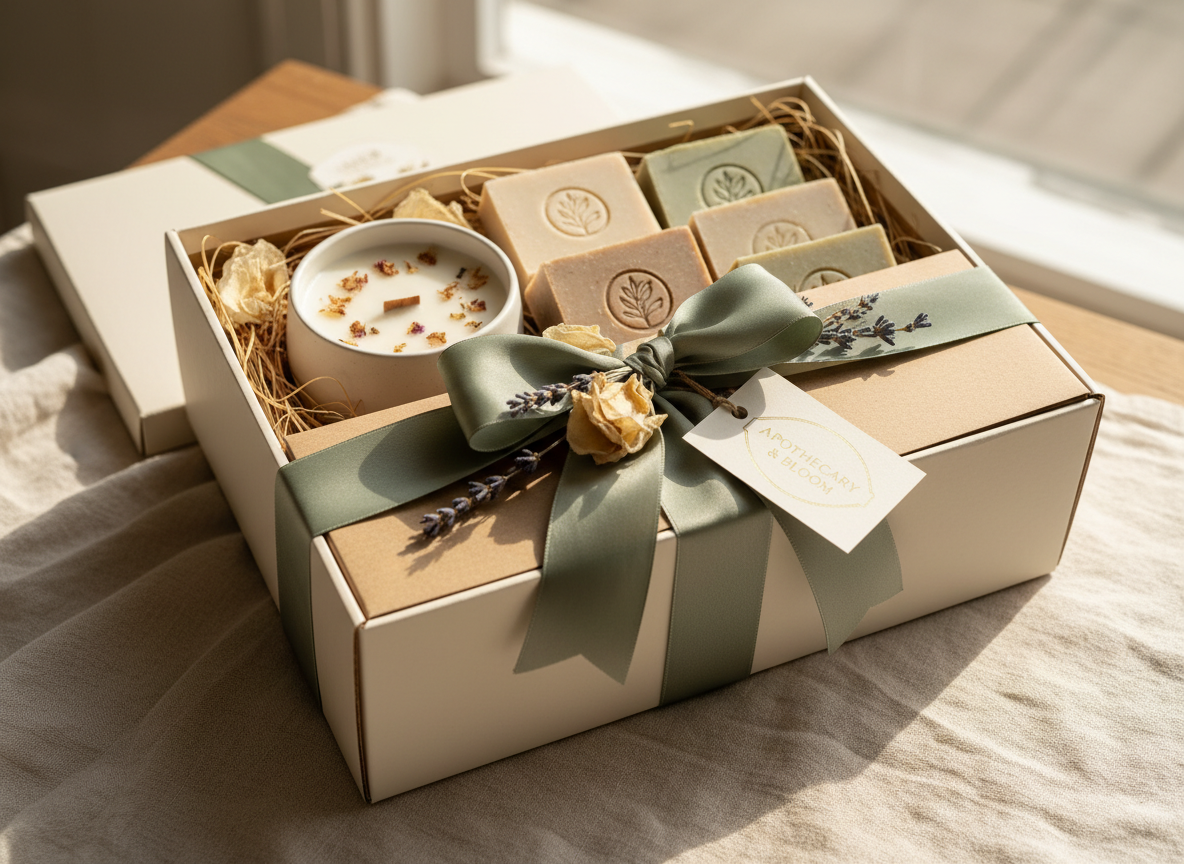 Luxury gift box set with artisanal candles and soap bars, beautifully packaged
