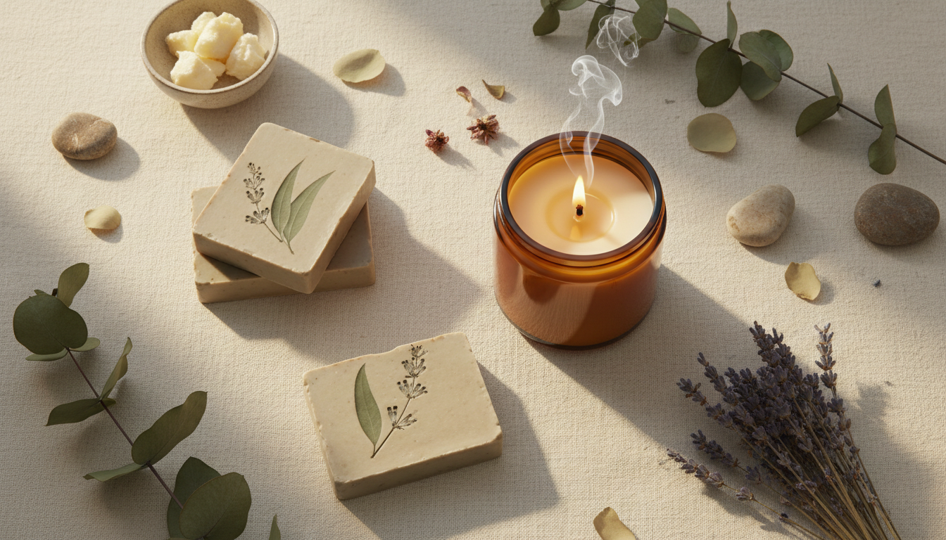Luxurious handcrafted soaps and candles on a cream linen surface with dried botanicals
