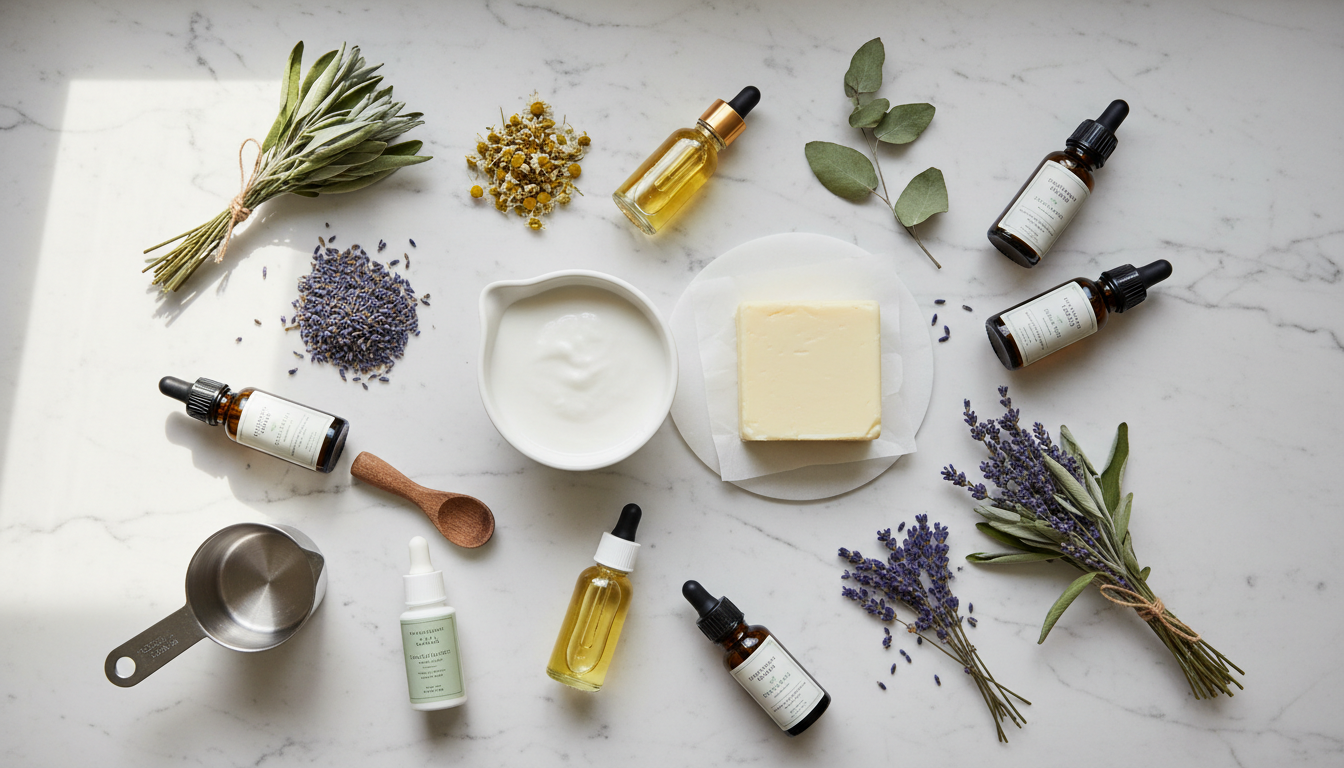 Natural soap making ingredients including coconut milk, shea butter, essential oils, and dried herbs