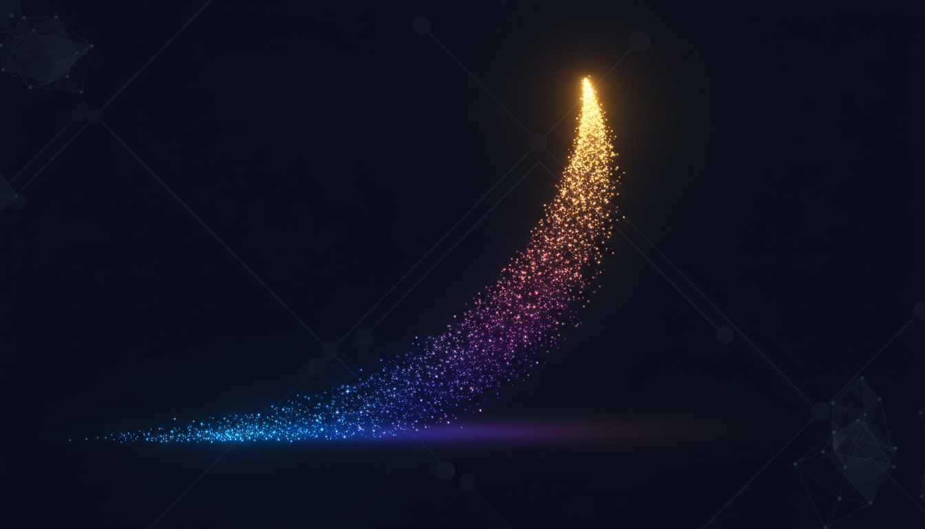 Abstract visualization of financial growth showing upward arc in blue, purple and gold