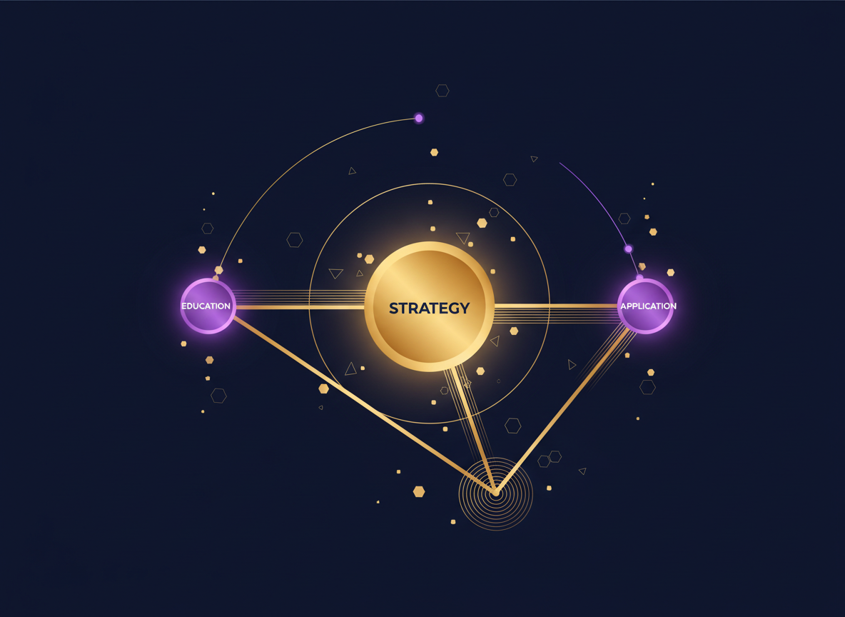 Abstract visualization of education, strategy, and application nodes connected by flowing light