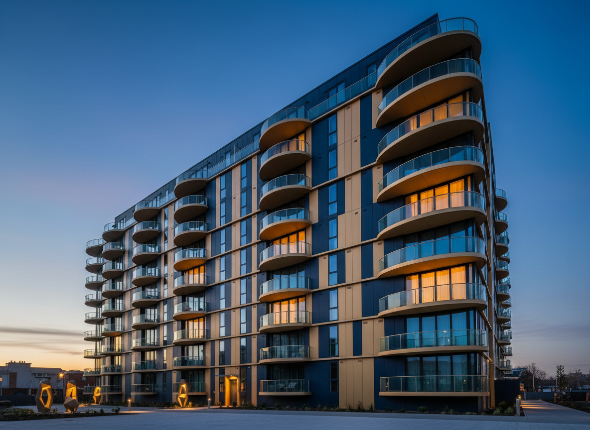 Modern build-to-rent apartment building at dusk