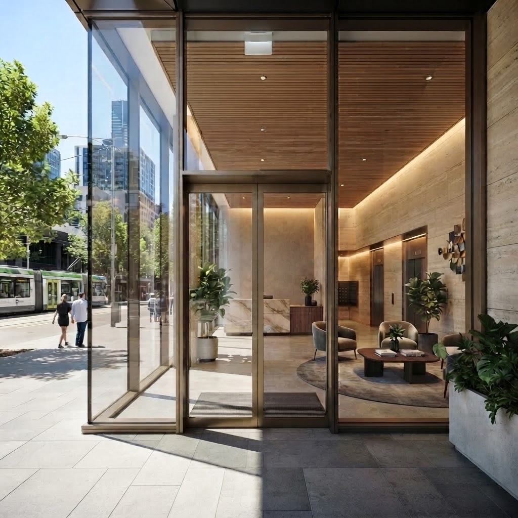 Modern building lobby entrance with couple walking on the sidewalk