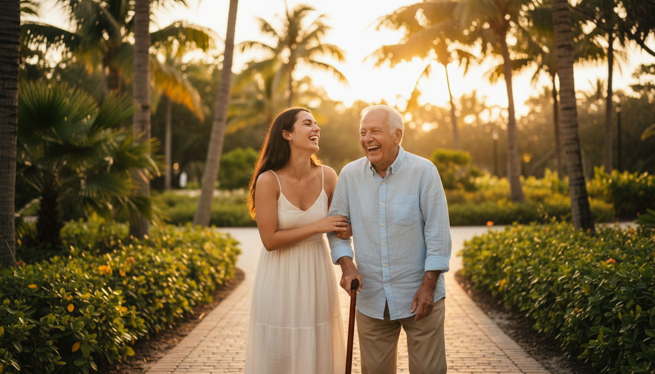 Caregiver and elderly person laughing together in a Miami park