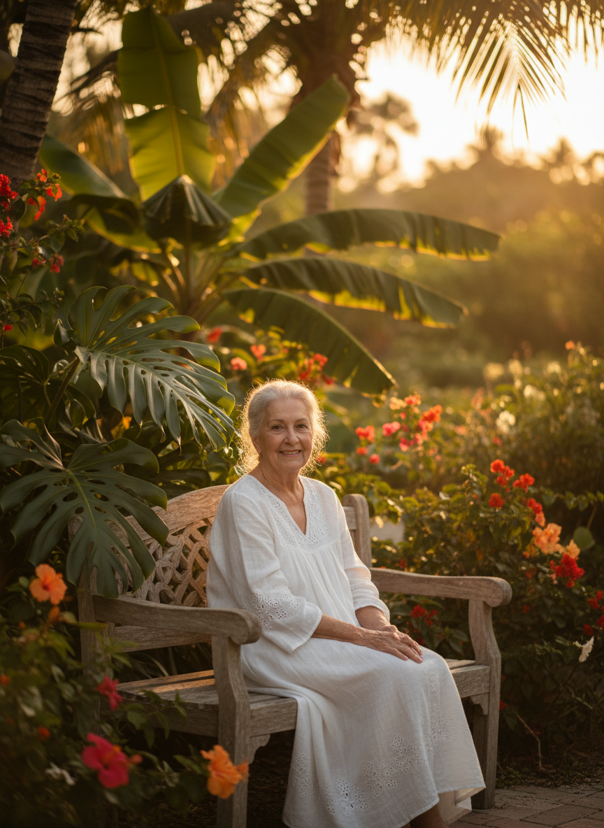 Elderly woman smiling in a sunny Miami garden