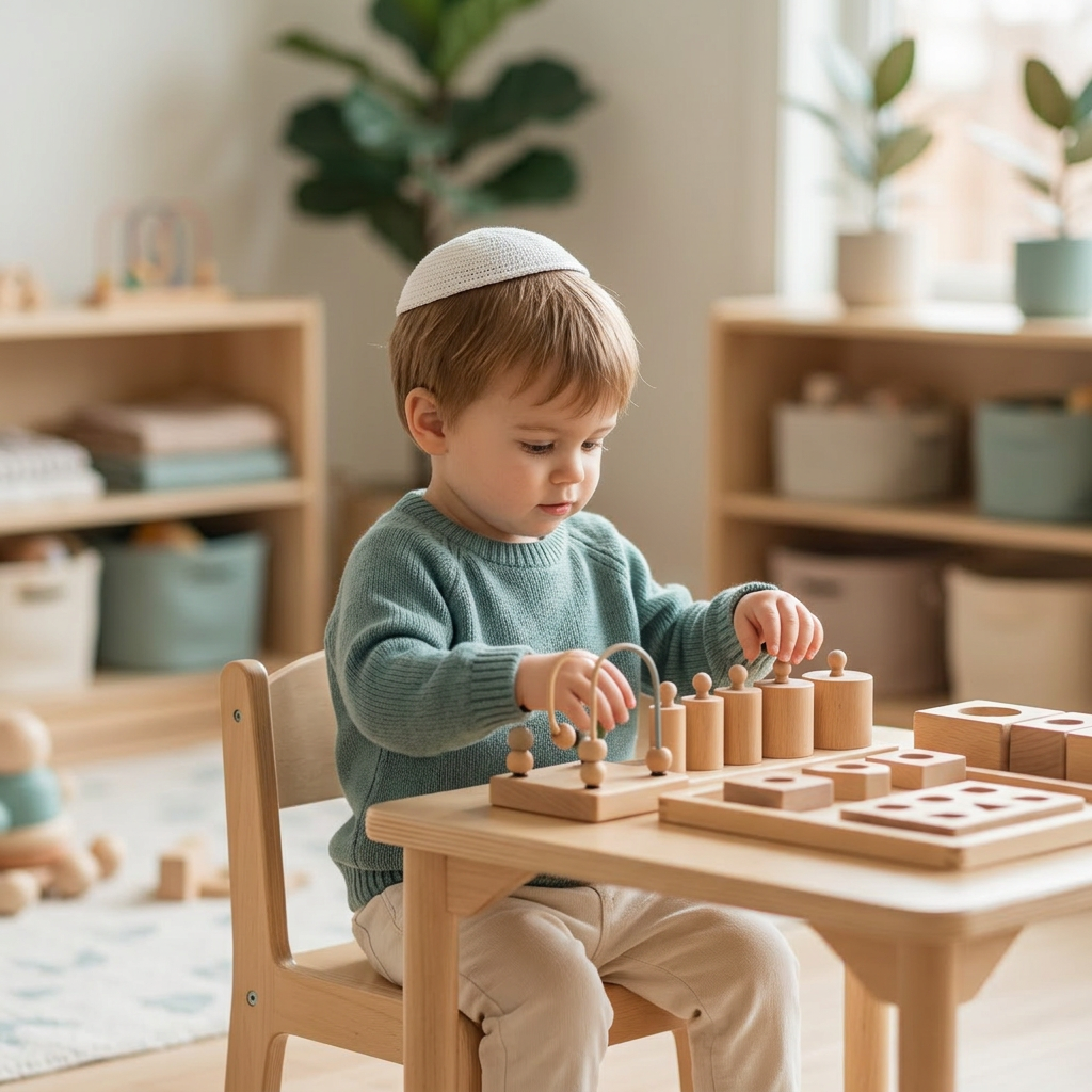 Jewish toddler boy with kippah engaged in creative play