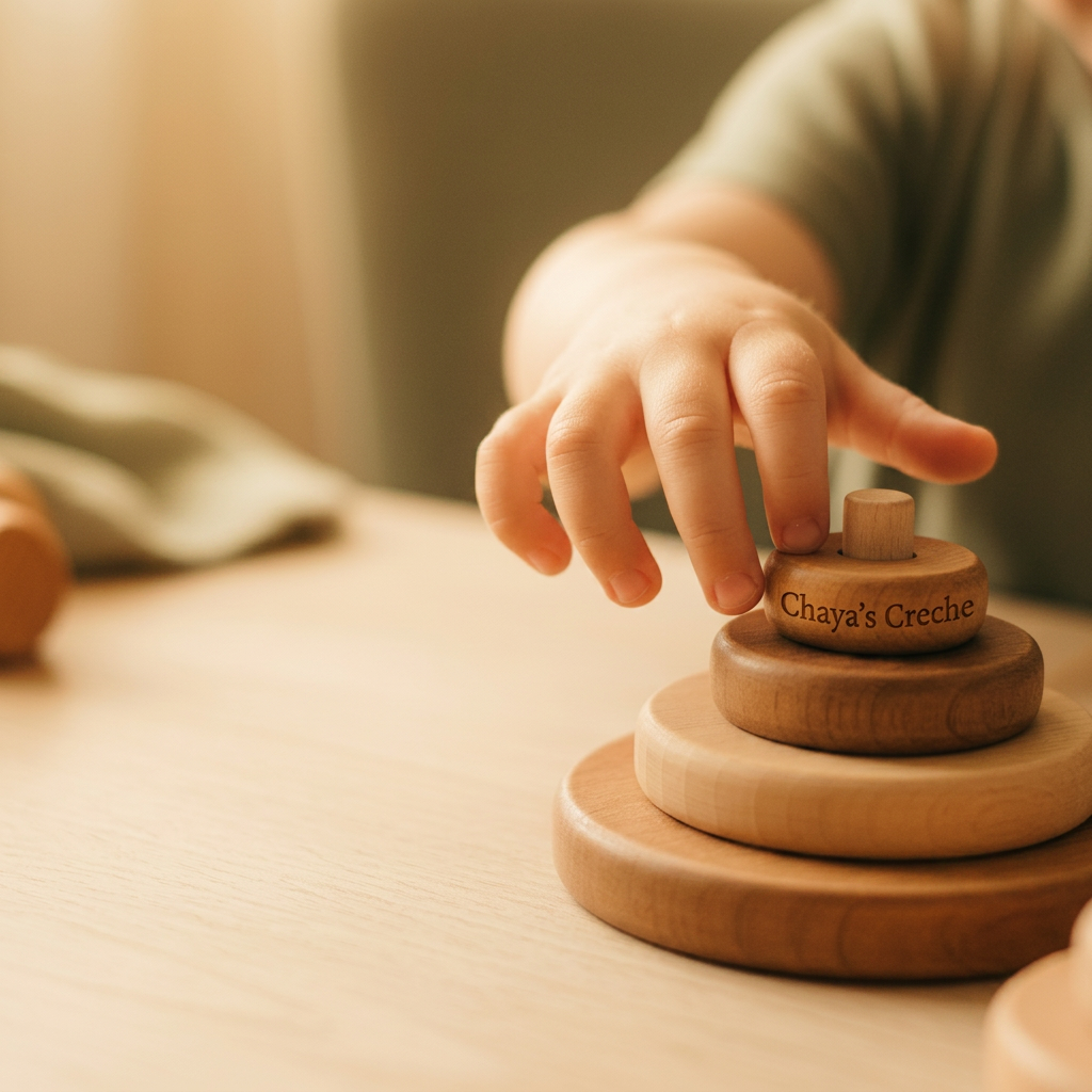 A child's hand gently touching a wooden Montessori toy in warm natural light