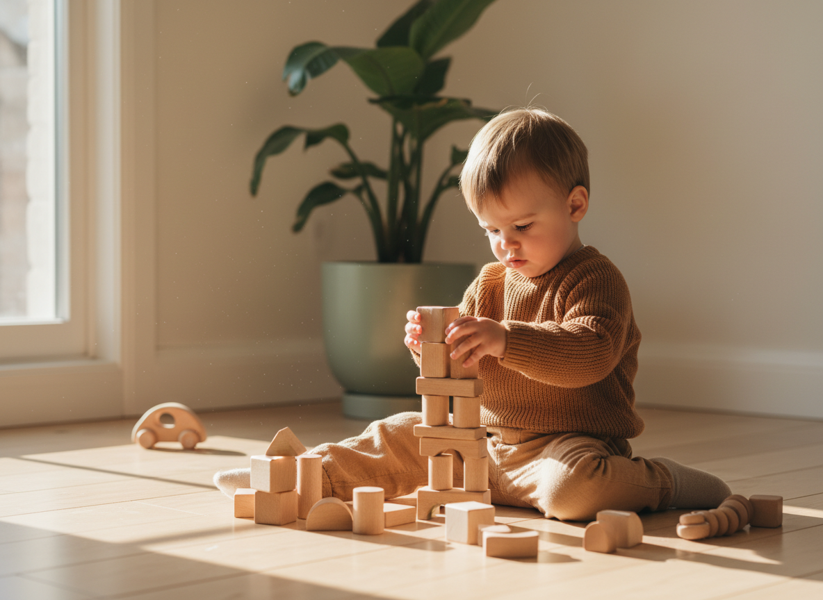 Infant toddler in nurturing environment with natural toys