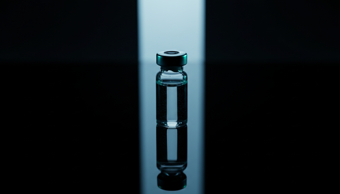 Crystalline peptide vial on reflective surface