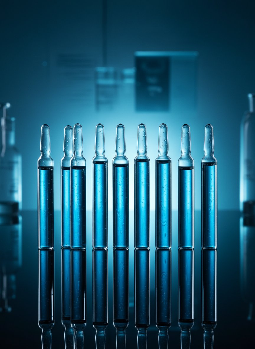 Row of precision glass vials with cyan edge lighting