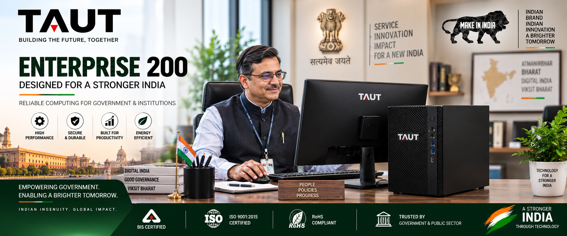 TAUT Enterprise 200 Make in India Desktop PC — BIS certified, ISO 9001:2015, RoHS compliant, trusted by government and public sector