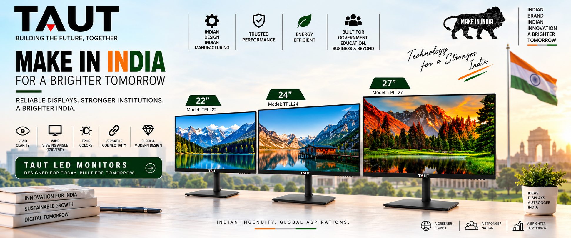 TAUT Make in India LED Monitors — 22 inch TPLL22, 24 inch TPLL24 and 27 inch TPLL27 Full HD displays