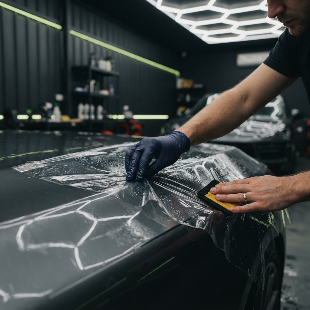 Detailer stretching paint protection film over a bonnet