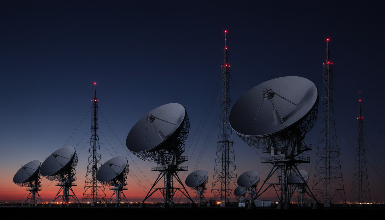 Media broadcasting and streaming infrastructure at night — OTTRED intelligence hub