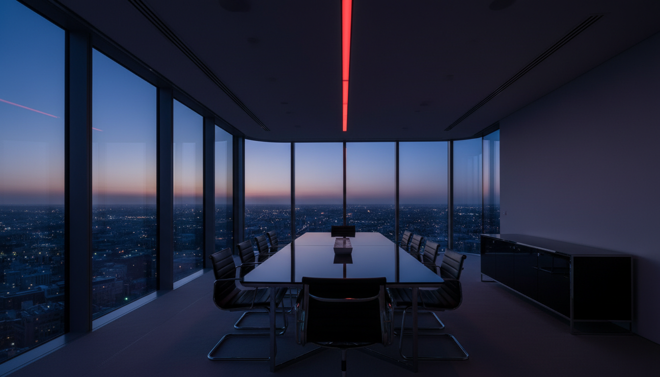 Modern executive boardroom interior with city skyline view — RedHolt global headquarters