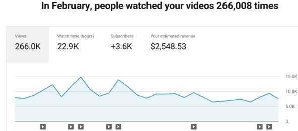 Member YouTube channel analytics — 266K views, +3.6K subscribers and $2,548 estimated revenue in one month