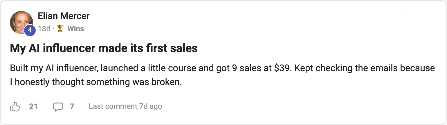Member post — 'My AI influencer made its first sales', 9 sales at $39