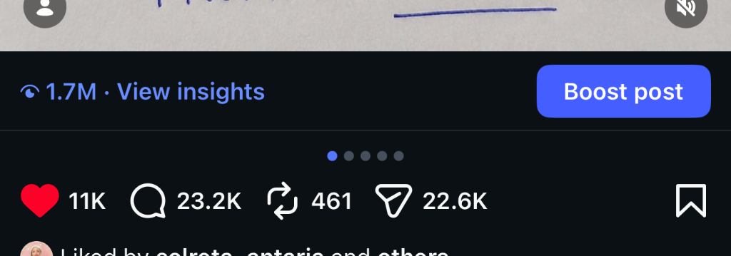 Member Instagram post insights — 1.7M views, 11K likes and 23.2K comments