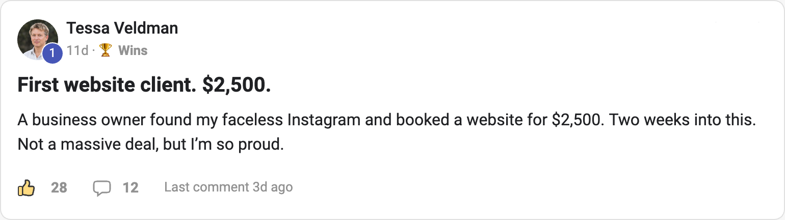 Member post — 'First website client. $2,500.' booked two weeks in