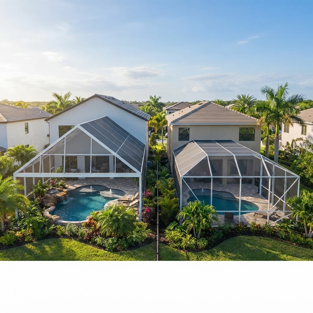 gable vs hip roof screen enclosure comparison South Shore Florida