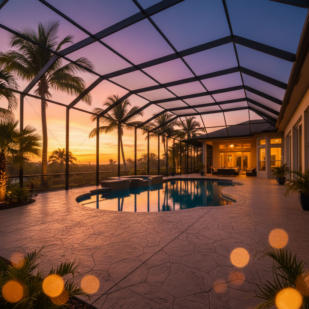 Dream outdoor living space — stamped concrete patio with screen enclosure at golden hour