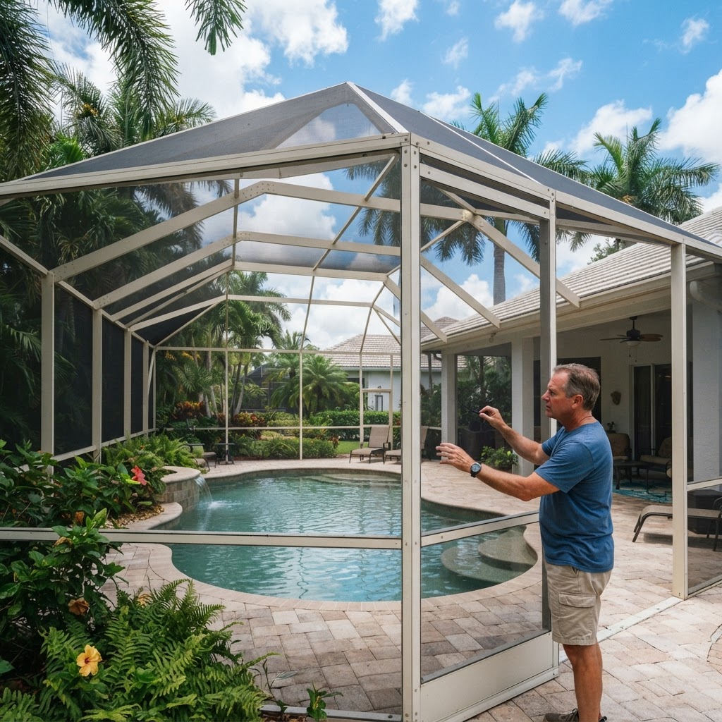 screen enclosure pool cage maintenance inspection South Shore Florida July