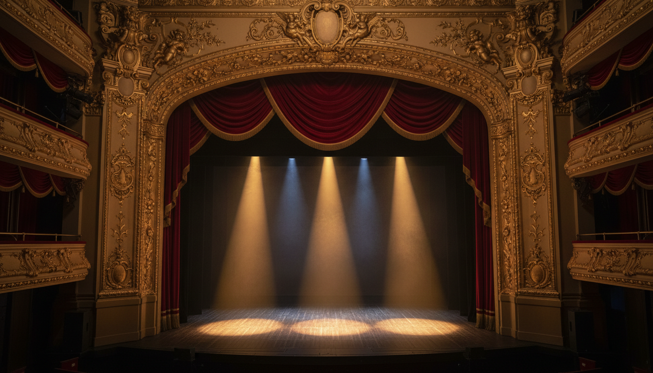Broadway stage with red velvet curtains and golden spotlights