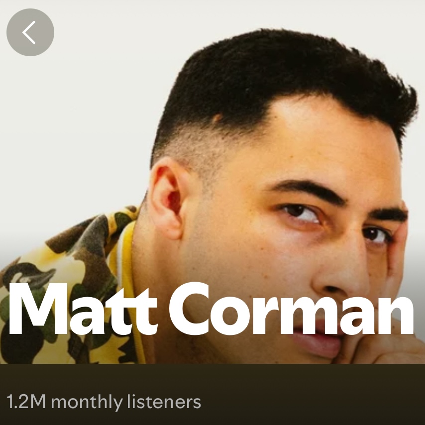 Matt Corman's Spotify profile with 1.2 million monthly listeners