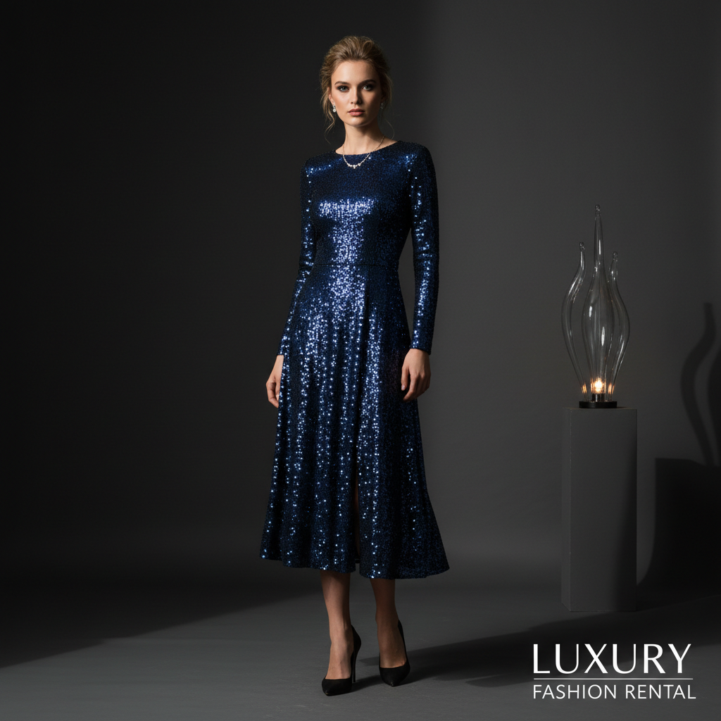 Navy Sequin Midi Party Dress