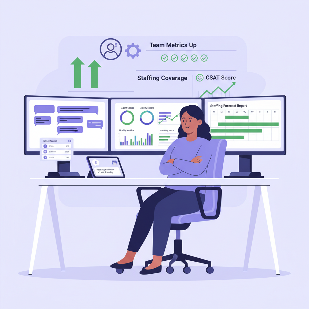 A calm, confident support leader at their desk with performance dashboards, staffing reports, and customer conversations — everything under control