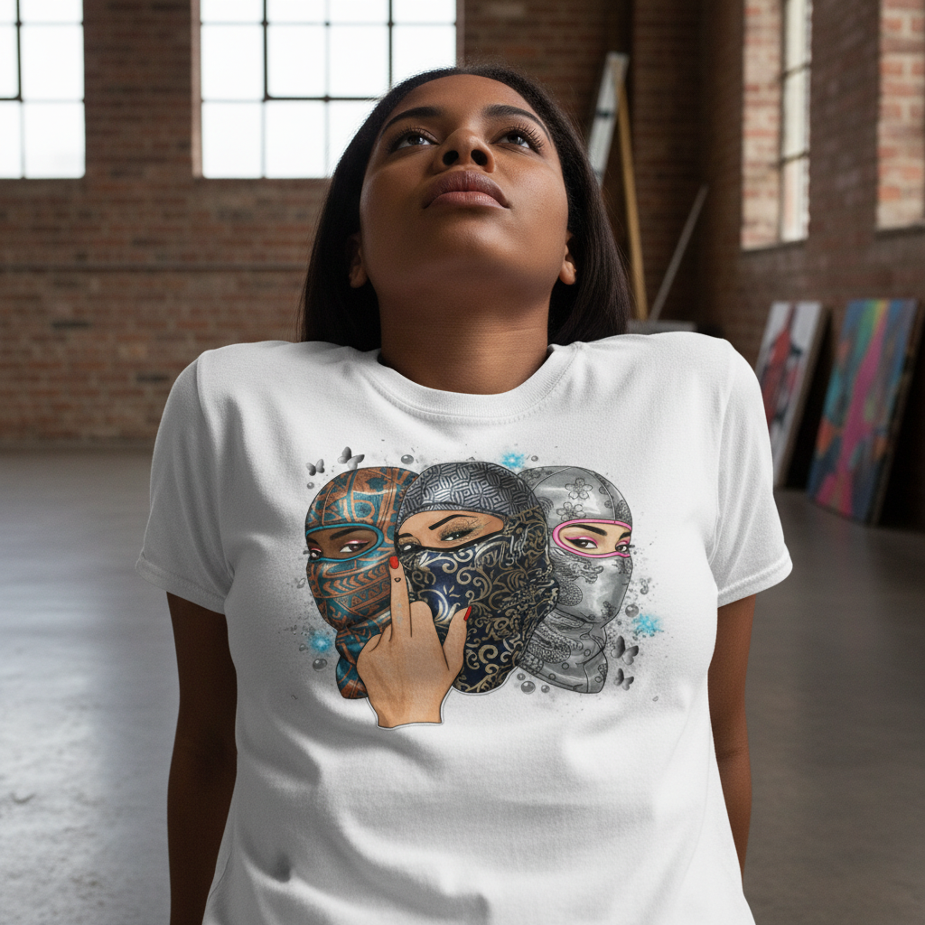 Three Silk Mask Graphic T-Shirt | Trendy Cotton Tee | Vibrant Print Design