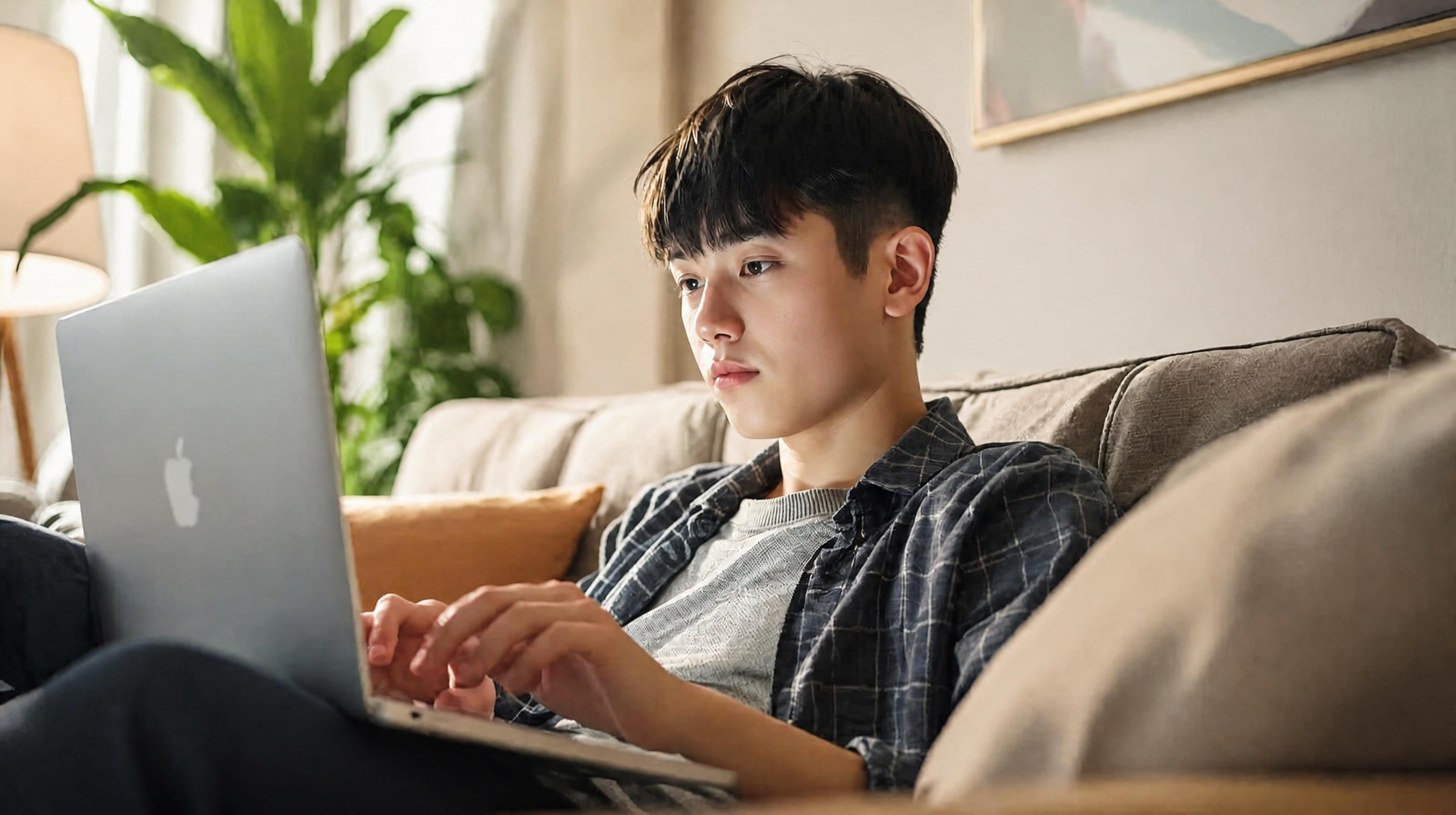 自宅のソファでパソコンからオンラインレッスンに参加する男の子