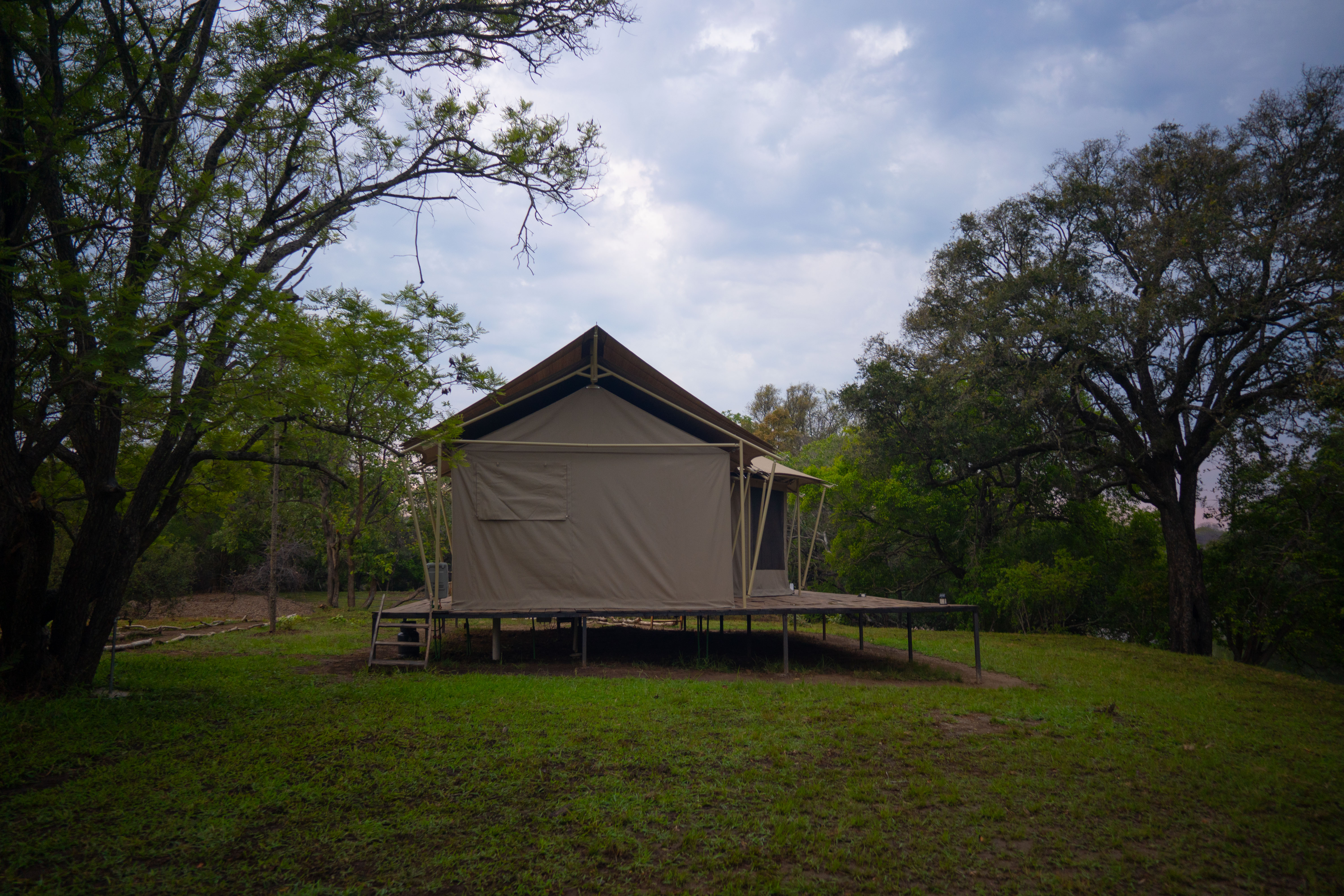 A-frame safari tent elevated on a wooden platform